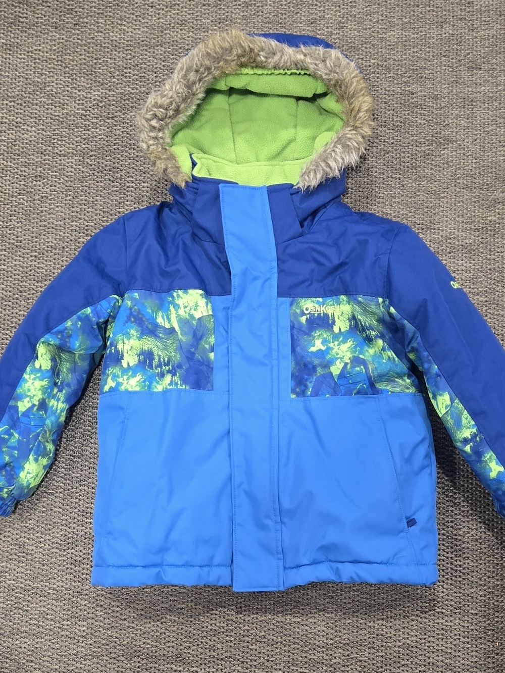 OshKosh B'gosh Blue & Lime Kid Winter Jacket with Faux-Fur Hood